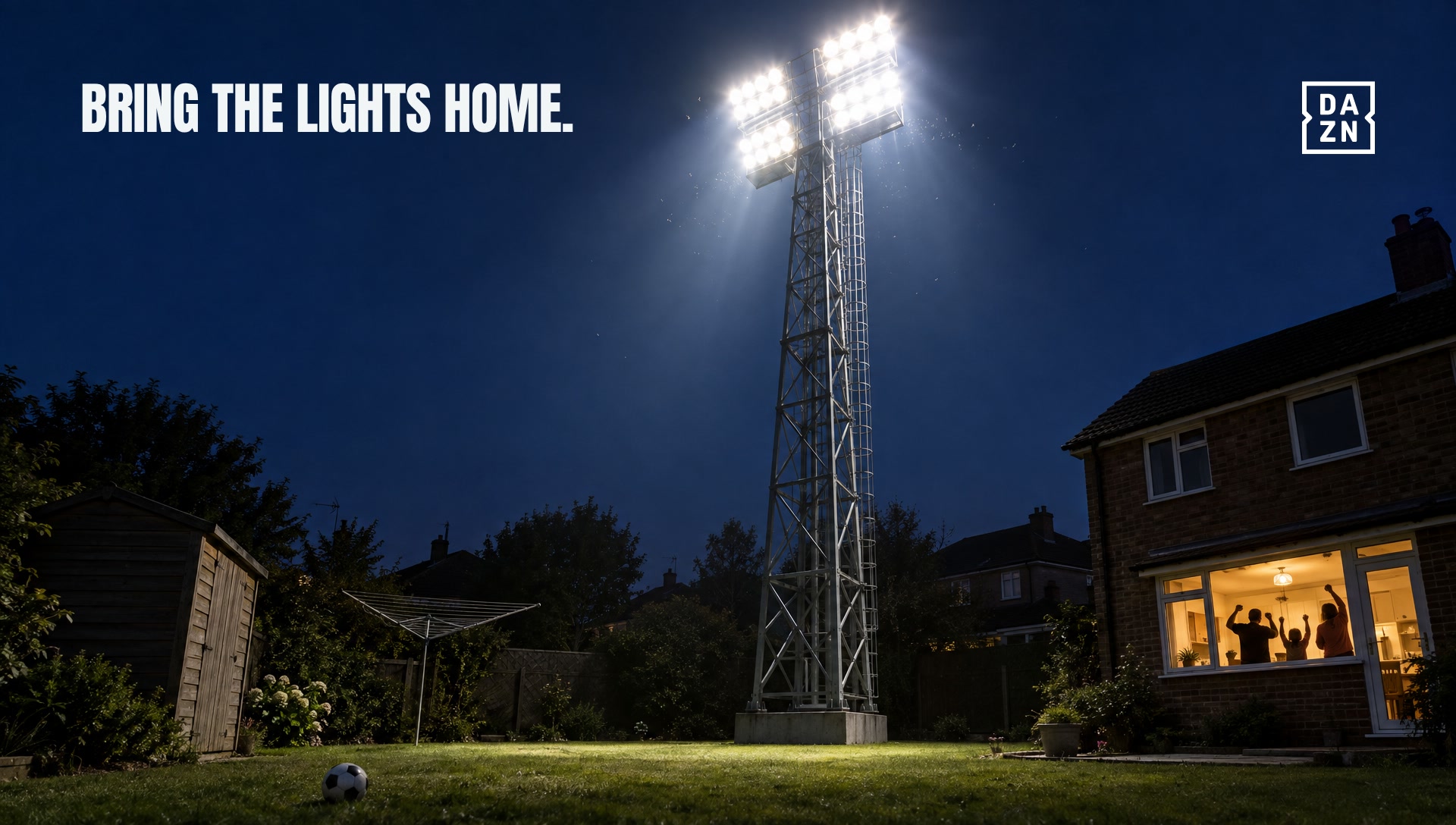 A stadium floodlight rig in a suburban back garden